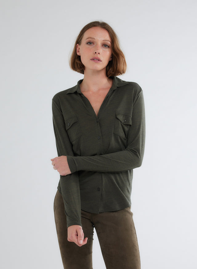majestic filatures Chemise Kaki Manches Longues en Laine et Lyocell Lyocell / Laine vierge
