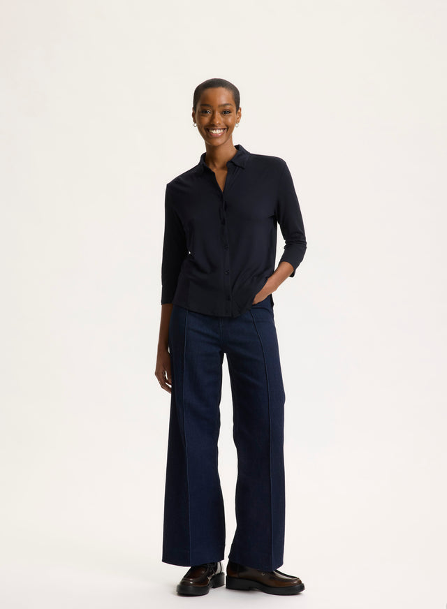 Majestic Filatures Chemise Marine Col Chemise Manches Trois Quarts En Viscose / Élasthanne Viscose / Élasthanne