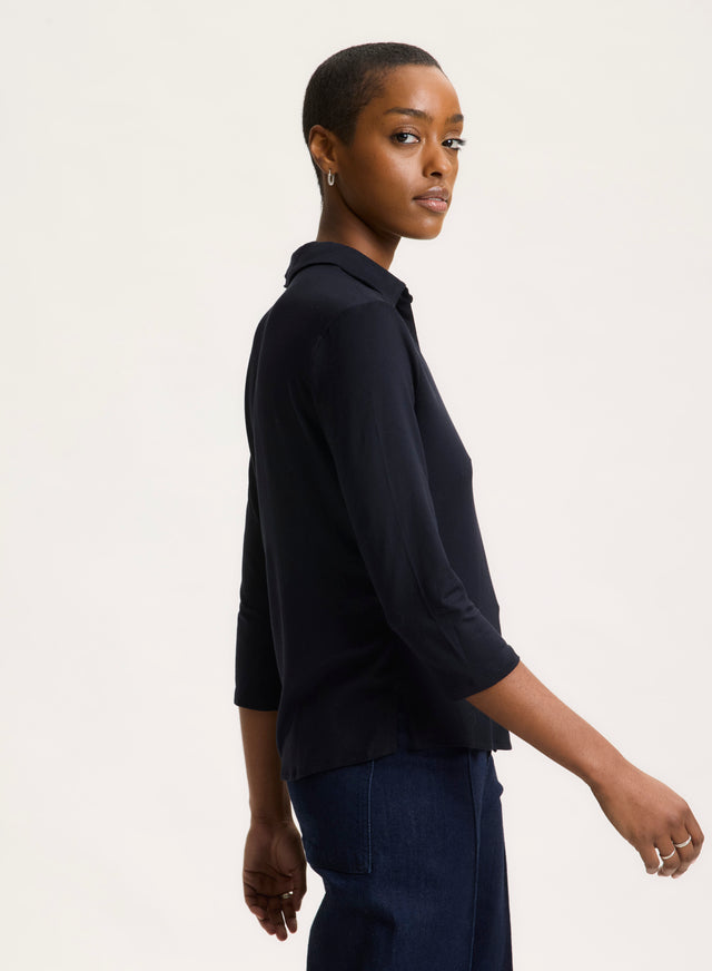 Majestic Filatures Chemise Marine Col Chemise Manches Trois Quarts En Viscose / Élasthanne Viscose / Élasthanne