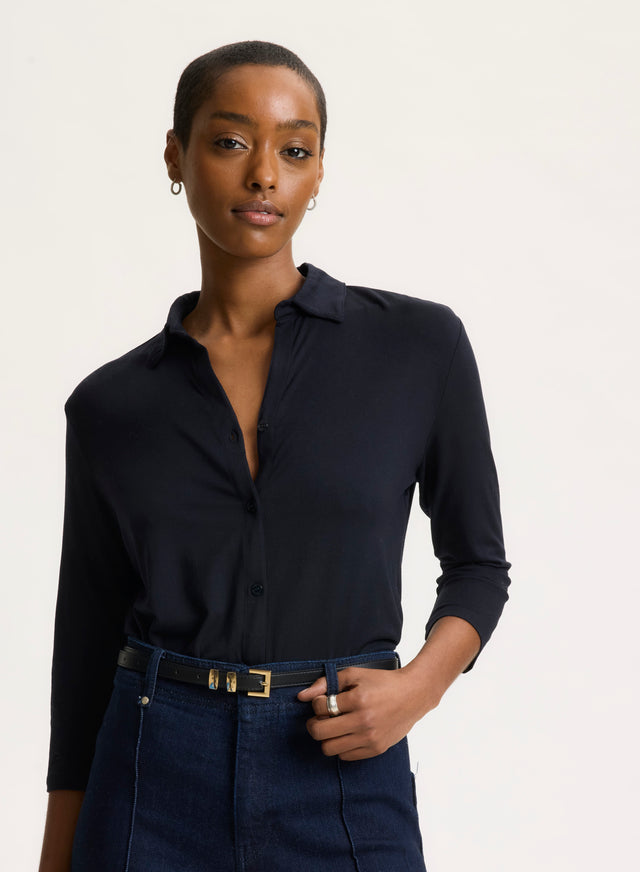 Majestic Filatures Chemise Marine Col Chemise Manches Trois Quarts En Viscose / Élasthanne Viscose / Élasthanne