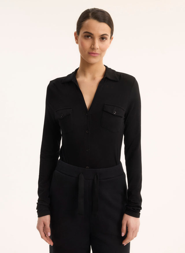 Majestic Filatures Chemise Noire Anna 2 Poches En Viscose Et Élasthanne Viscose / Élasthanne