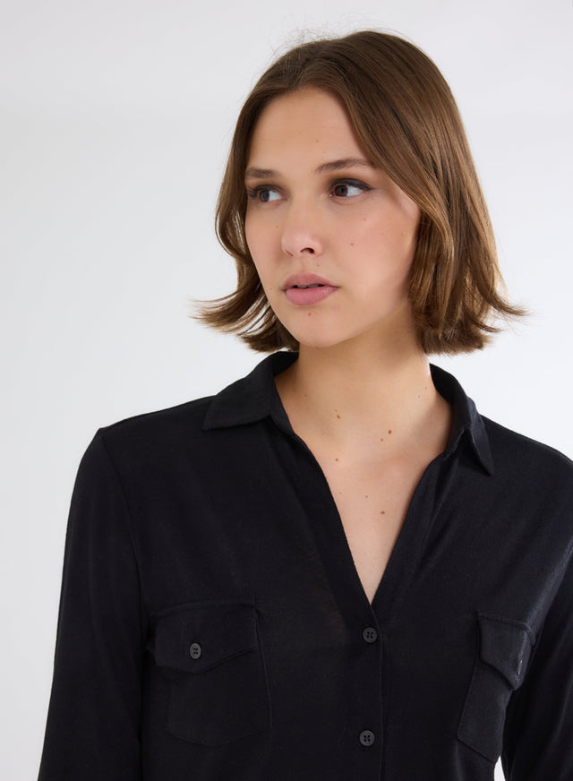 Majestic Filatures Chemise Noire Avec Poches Manches Longues En Coton Et Cachemire Coton / Cachemire