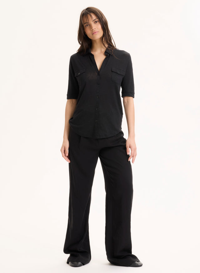 Majestic Filatures Chemise Noire Manches Coudes En Lin / Elasthanne Lin / Elasthanne