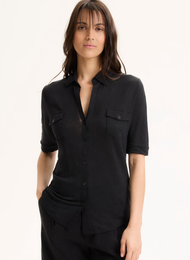 majestic filatures Chemise Noire Manches Coudes en Lin / Elasthanne Lin / Elasthanne