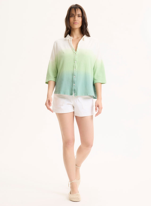 Majestic Filatures Chemise Vert Clair Col Chemise Manches Coudes En Coton Organique / Lin Coton Organique / Lin