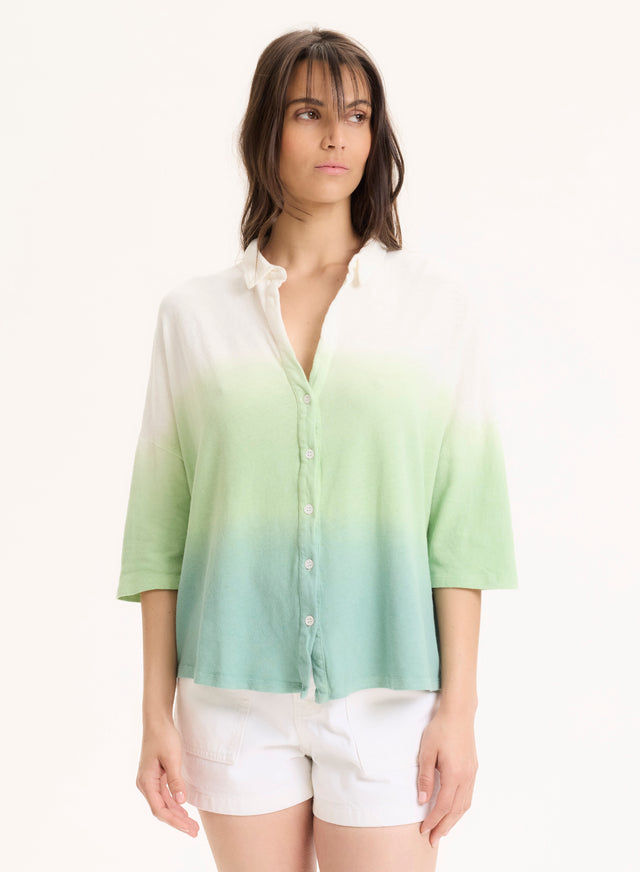 Majestic Filatures Chemise Vert Clair Col Chemise Manches Coudes En Coton Organique / Lin Coton Organique / Lin