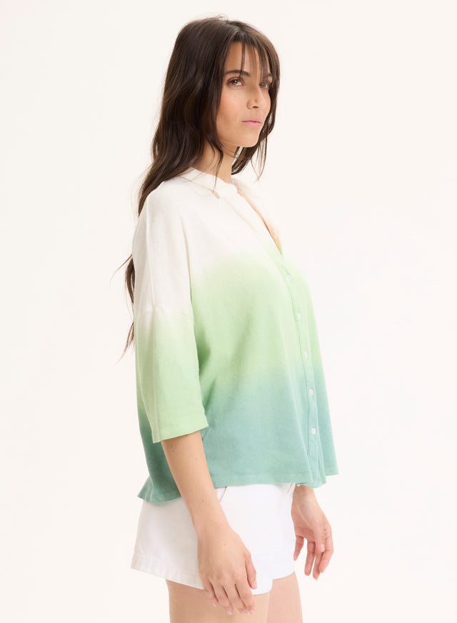 Majestic Filatures Chemise Vert Clair Col Chemise Manches Coudes En Coton Organique / Lin Coton Organique / Lin