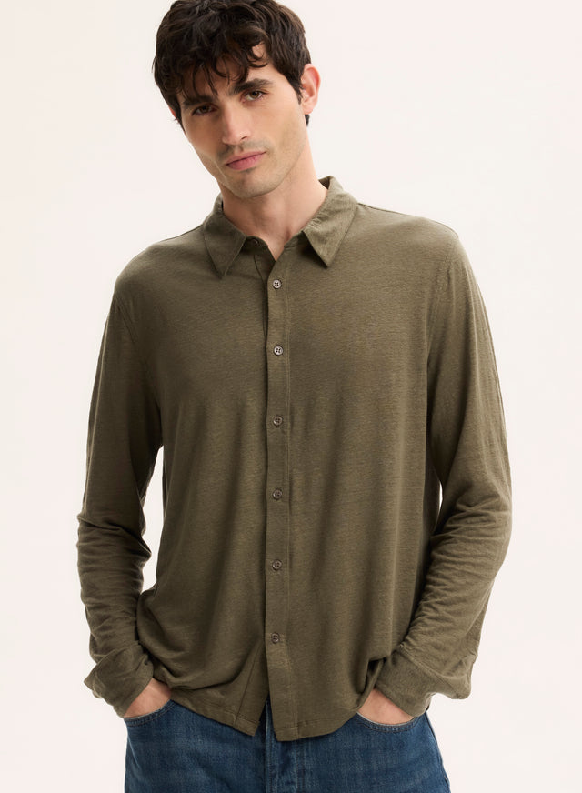 majestic filatures Chemise Vert Col Chemise Manches Longues en Lin / Elasthanne Lin / Elasthanne