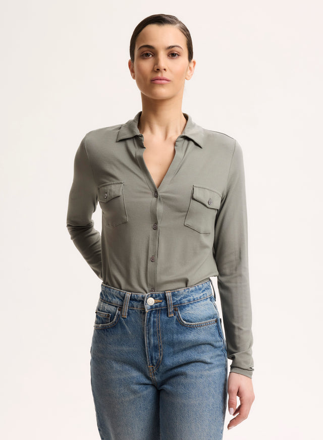 Majestic Filatures Chemise Verte Col Chemise Manches Longues Viscose / Élasthanne