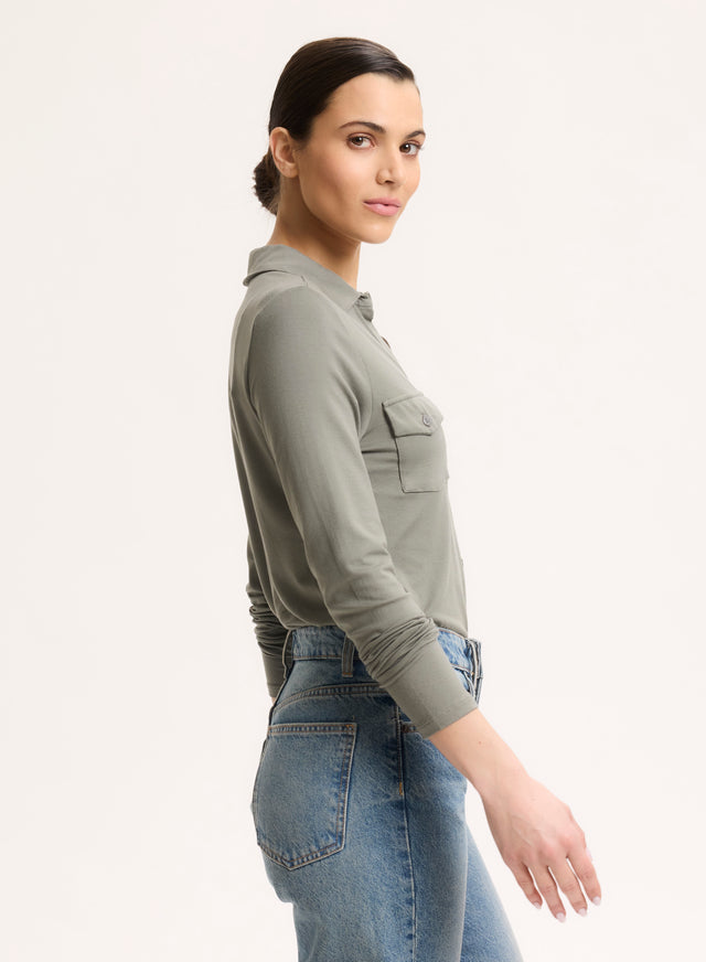 Majestic Filatures Chemise Verte Col Chemise Manches Longues Viscose / Élasthanne