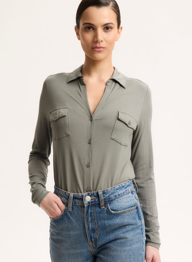 majestic filatures Chemise Verte Col Chemise Manches Longues Viscose / Élasthanne