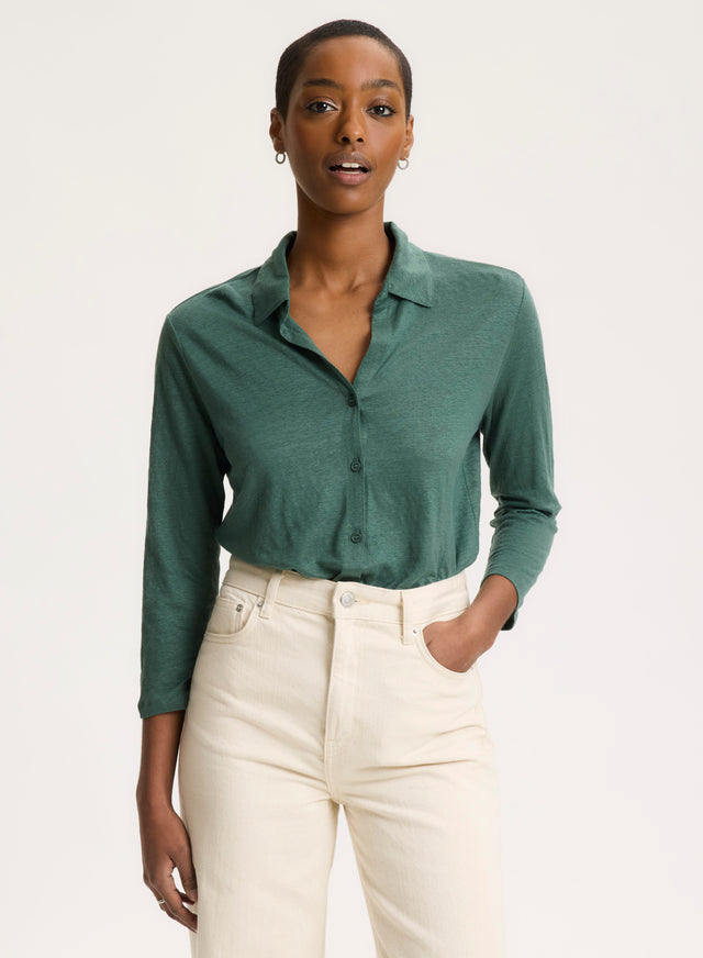 Majestic Filatures Chemise Verte Col Chemise Manches Trois Quarts En Lin / Elasthanne Lin / Elasthanne