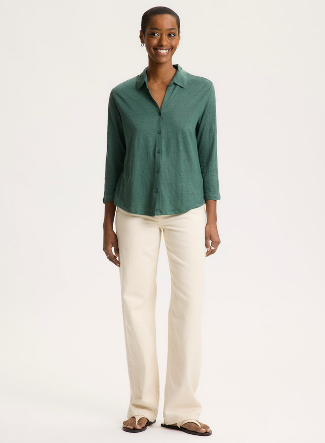 Majestic Filatures Chemise Verte Col Chemise Manches Trois Quarts En Lin / Elasthanne Lin / Elasthanne