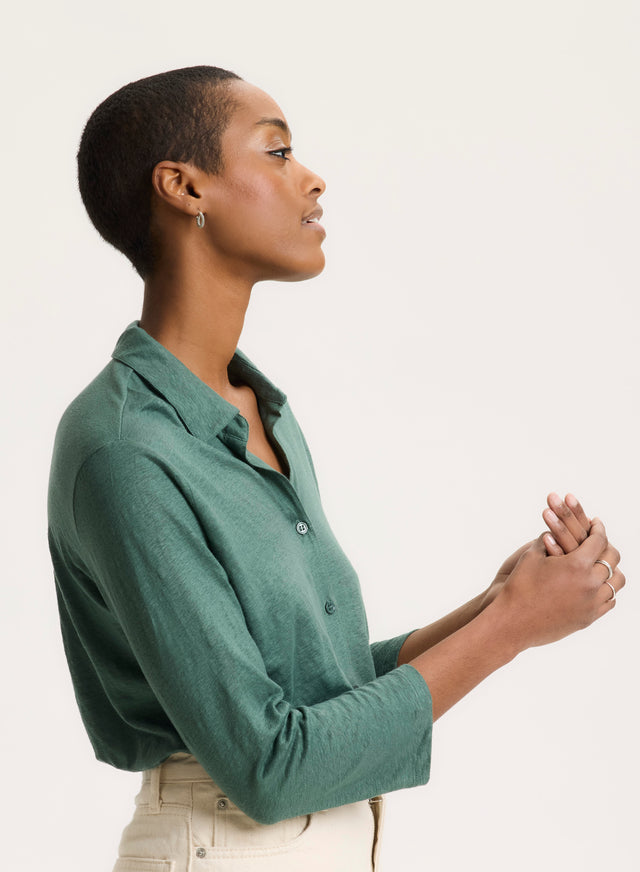 Majestic Filatures Chemise Verte Col Chemise Manches Trois Quarts En Lin / Elasthanne Lin / Elasthanne