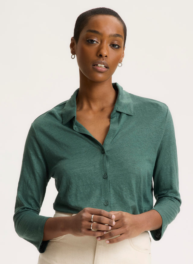 majestic filatures Chemise Verte Col Chemise Manches Trois quarts en Lin / Elasthanne Lin / Elasthanne