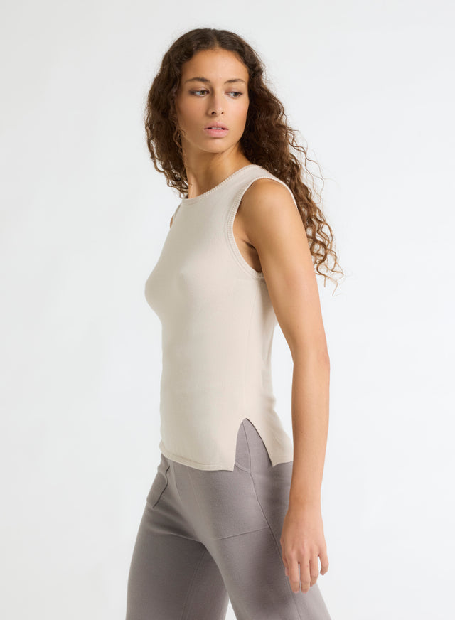 Majestic Filatures Débardeur Beige Col Rond Manches Courtes En Coton Organique / Elasthanne Coton Organique / Elasthanne