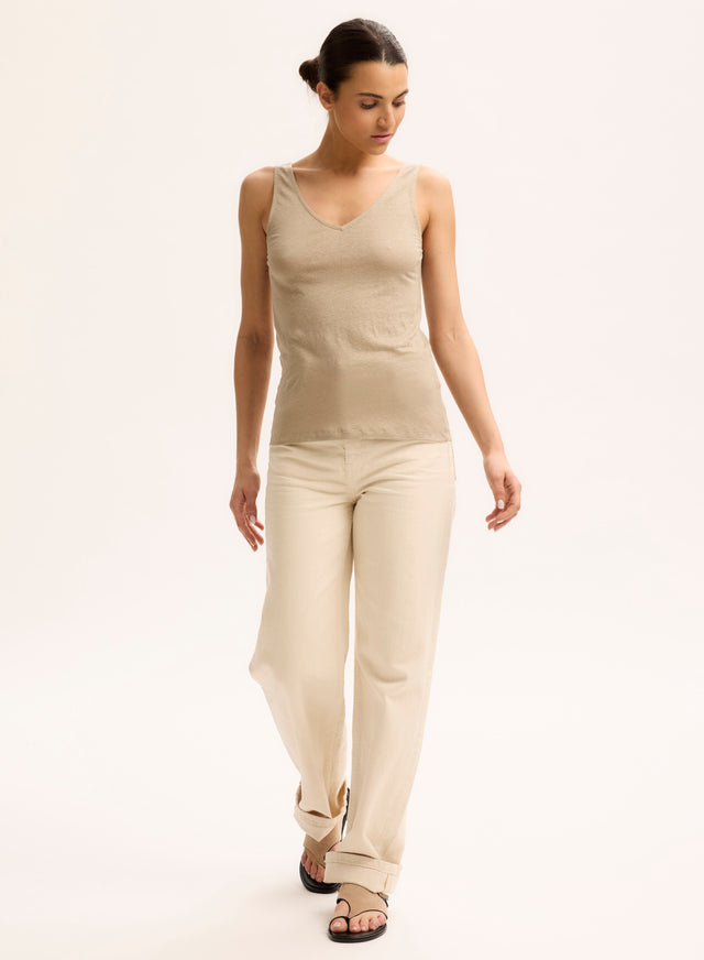 Majestic Filatures Débardeur Beige Col V En Lin / Elasthanne Lin / Elasthanne