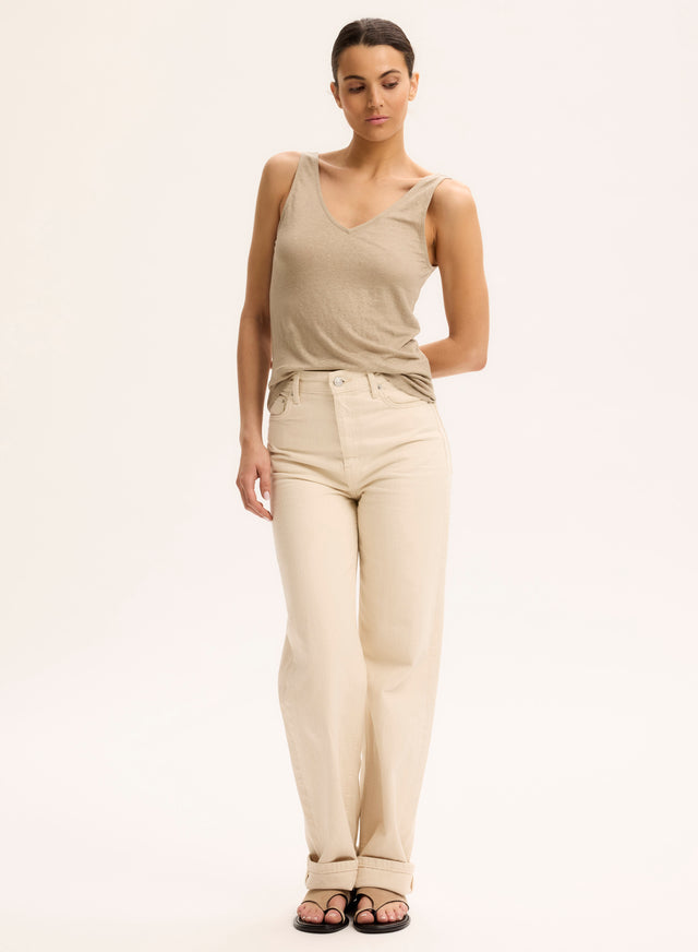Majestic Filatures Débardeur Beige Col V En Lin / Elasthanne Lin / Elasthanne
