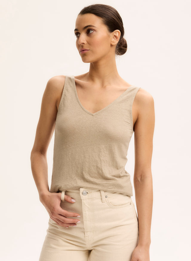 majestic filatures Débardeur Beige Col V en Lin / Elasthanne Lin / Elasthanne