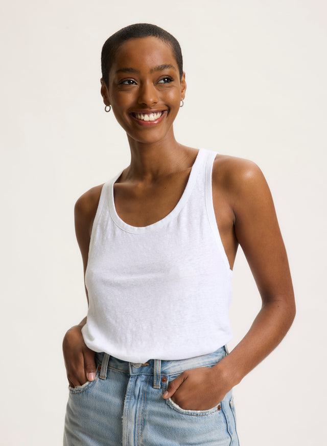 Majestic Filatures Débardeur Blanc Col U En Lin / Elasthanne Lin / Elasthanne