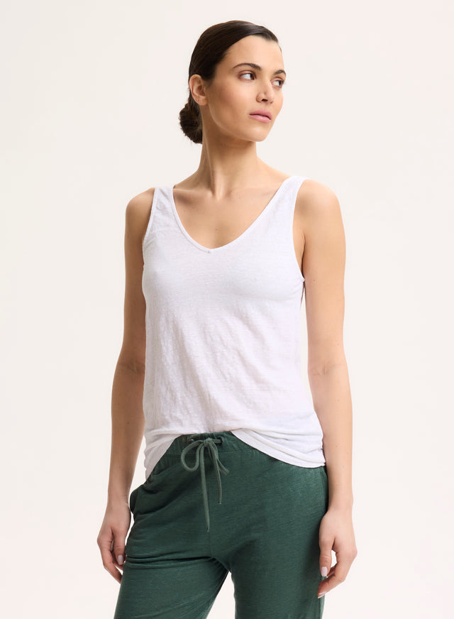 Majestic Filatures Débardeur Blanc Col V En Lin / Elasthanne Lin / Elasthanne
