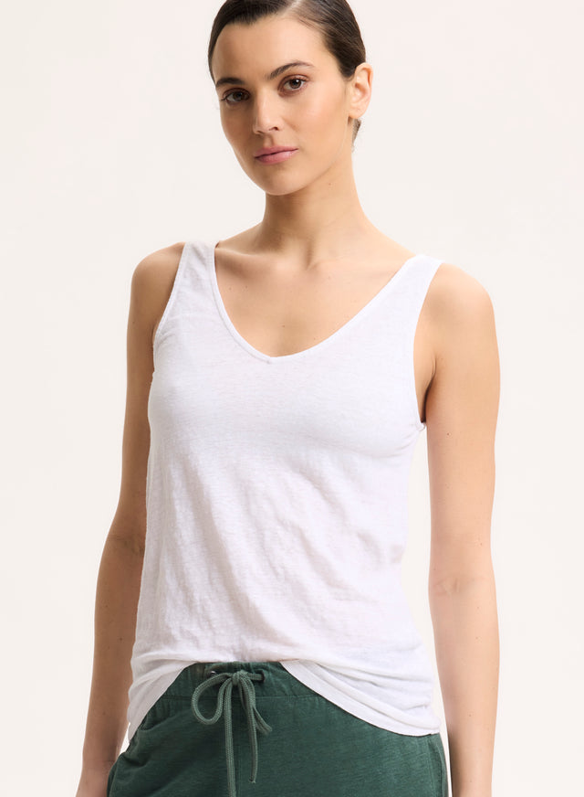 majestic filatures Débardeur Blanc Col V en Lin / Elasthanne Lin / Elasthanne