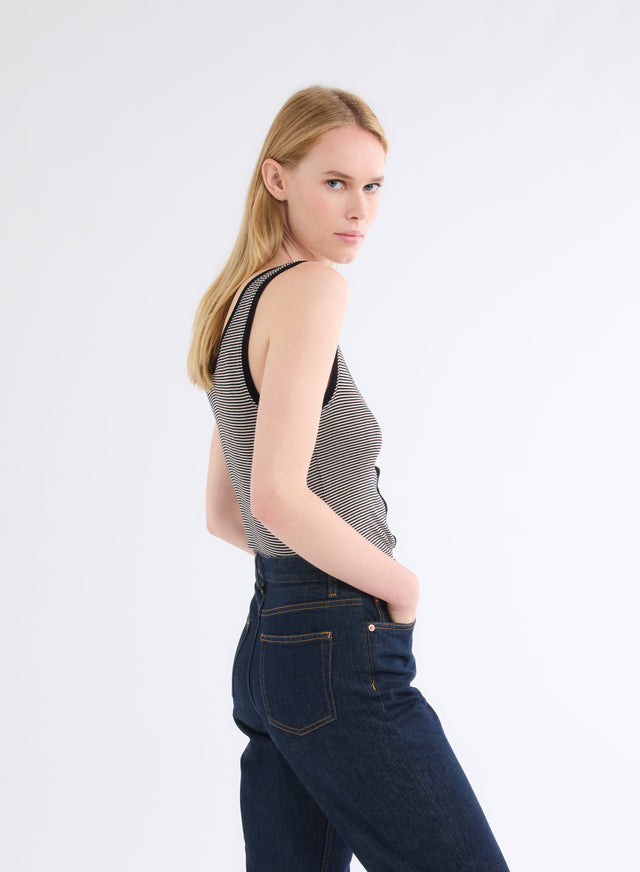 Majestic Filatures Débardeur Blanc Et Noir Rayé Côtelé Col U Avec Boutons En Viscose Viscose