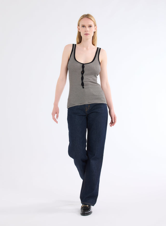 Majestic Filatures Débardeur Blanc Et Noir Rayé Côtelé Col U Avec Boutons En Viscose Viscose