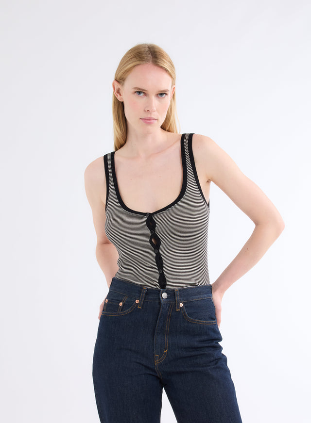 majestic filatures Débardeur Blanc et Noir Rayé Côtelé Col U avec Boutons en Viscose Viscose