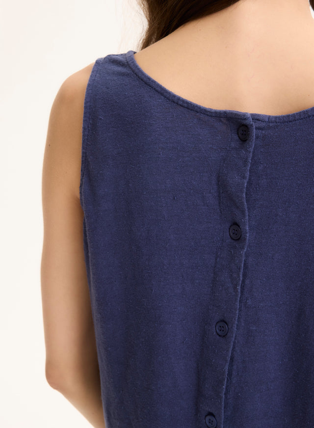 Majestic Filatures Débardeur Bleu Col Rond En Lin / Elasthanne Lin / Elasthanne