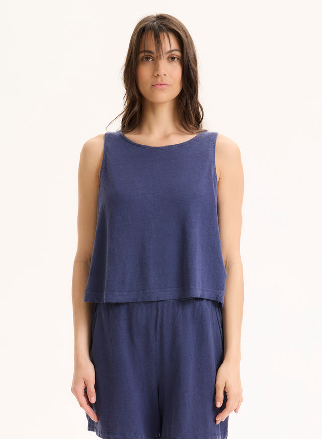 Majestic Filatures Débardeur Bleu Col Rond En Lin / Elasthanne Lin / Elasthanne