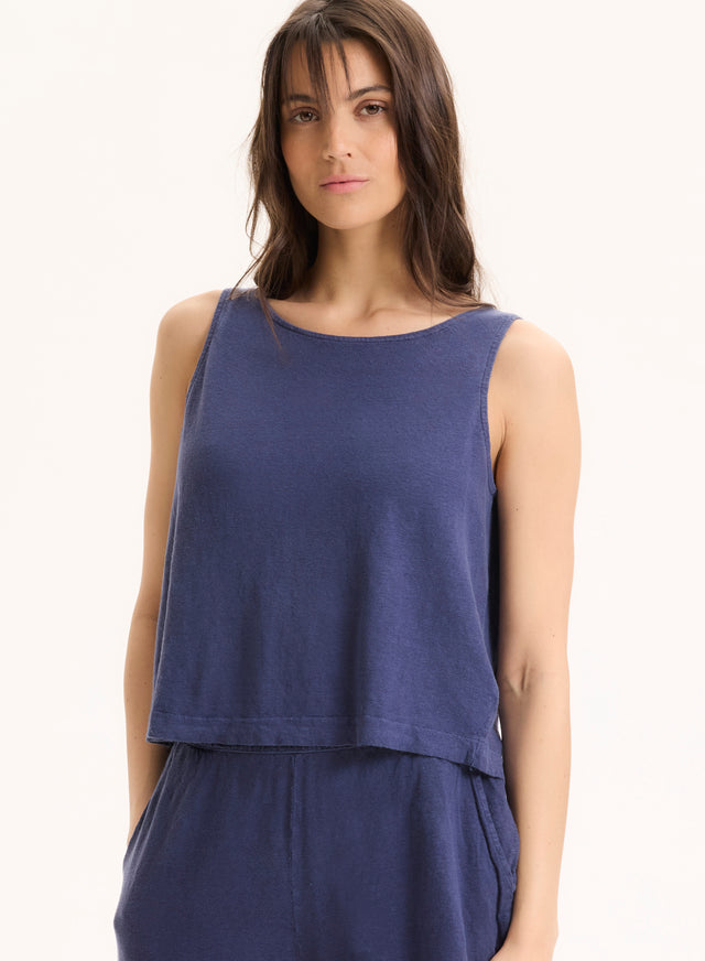 majestic filatures Débardeur Bleu Col Rond en Lin / Elasthanne Lin / Elasthanne