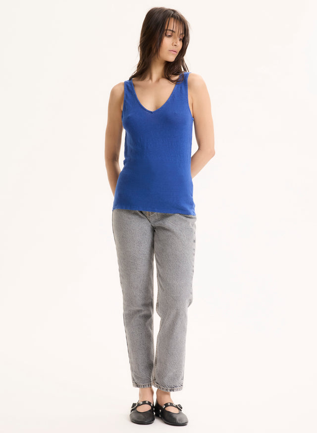Majestic Filatures Débardeur Bleu Col V En Lin / Elasthanne Lin / Elasthanne