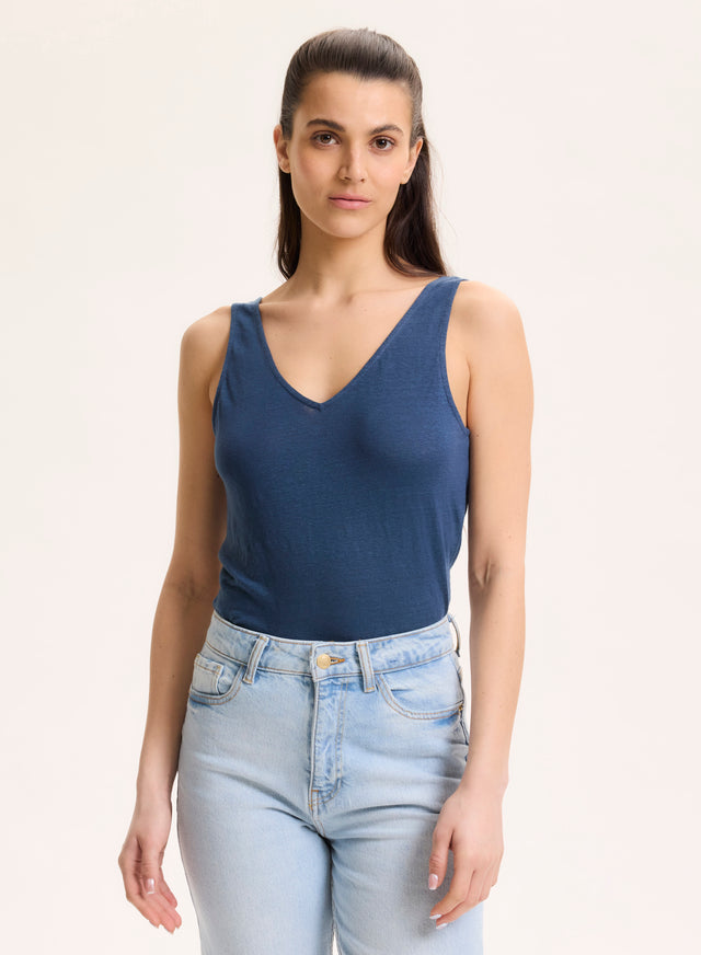 Majestic Filatures Débardeur Bleu Col V En Lin / Elasthanne Lin / Elasthanne