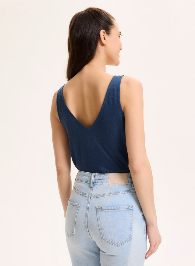 Majestic Filatures Débardeur Bleu Col V En Lin / Elasthanne Lin / Elasthanne