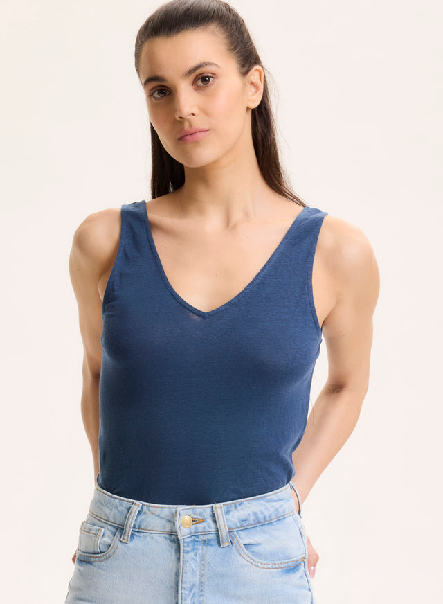 majestic filatures Débardeur Bleu Col V en Lin / Elasthanne Lin / Elasthanne