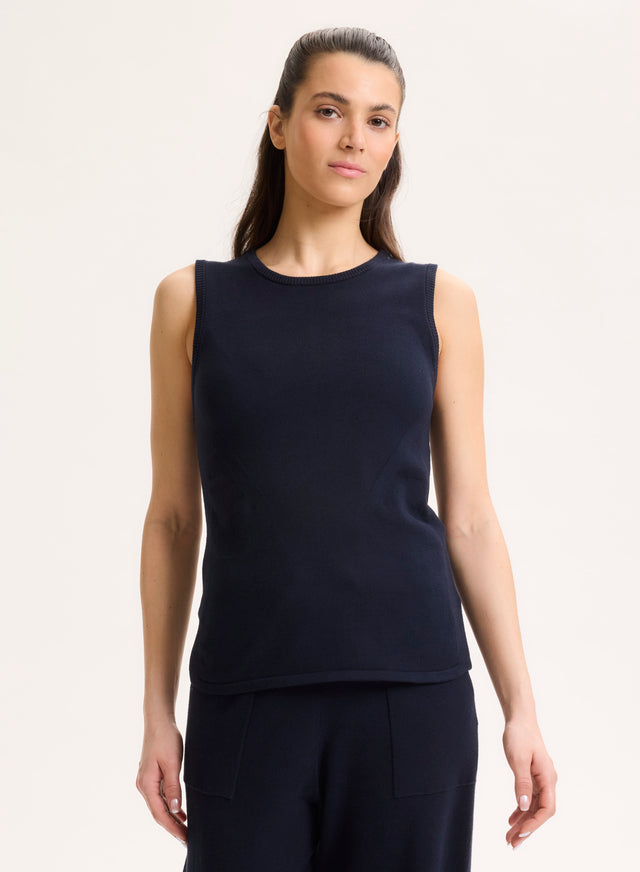 Majestic Filatures Débardeur Marine Col Rond Manches Courtes En Coton Organique / Elasthanne Coton Organique / Elasthanne
