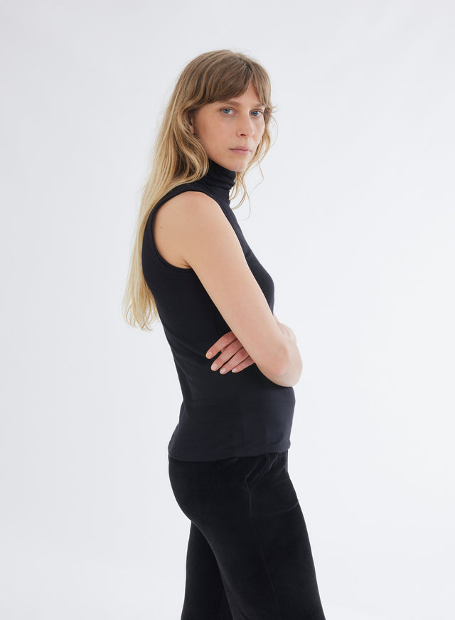 Majestic Filatures Débardeur Noir Col Montant En Coton Et Cachemire Coton / Cachemire