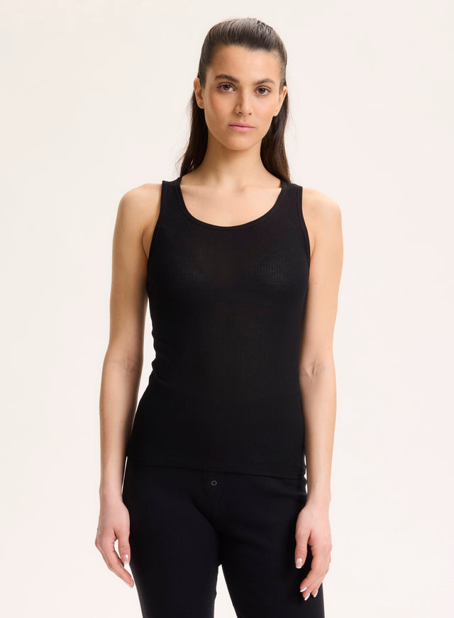 Majestic Filatures Débardeur Noir Col Rond En Viscose / Élasthanne Viscose / Élasthanne