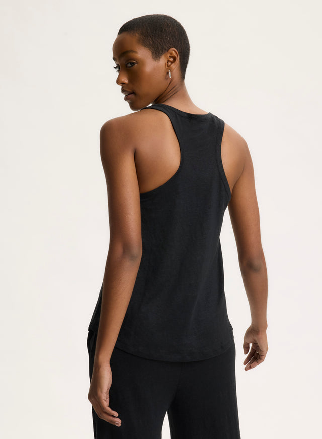 Majestic Filatures Débardeur Noir Col U En Lin / Elasthanne Lin / Elasthanne