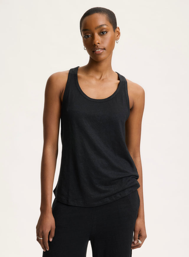 Majestic Filatures Débardeur Noir Col U En Lin / Elasthanne Lin / Elasthanne