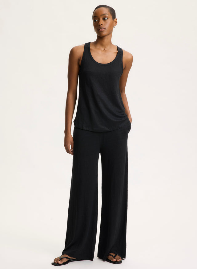 Majestic Filatures Débardeur Noir Col U En Lin / Elasthanne Lin / Elasthanne