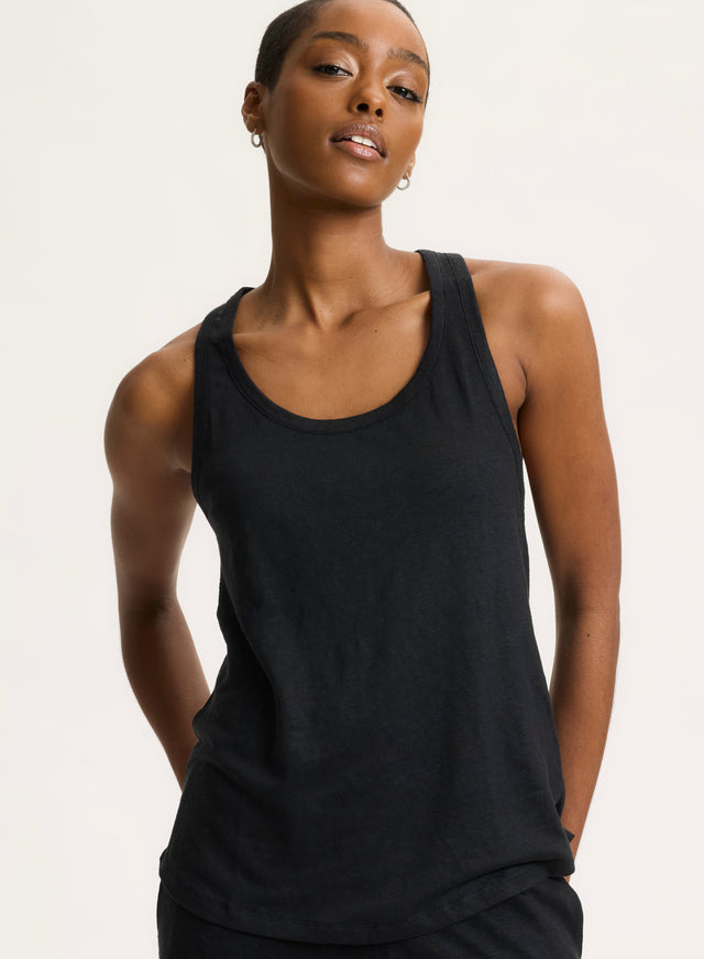 majestic filatures Débardeur Noir Col U en Lin / Elasthanne Lin / Elasthanne