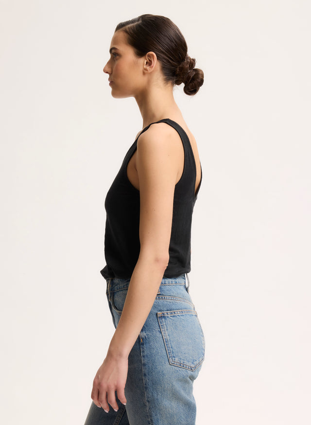 Majestic Filatures Débardeur Noir Col V En Lin / Elasthanne Lin / Elasthanne