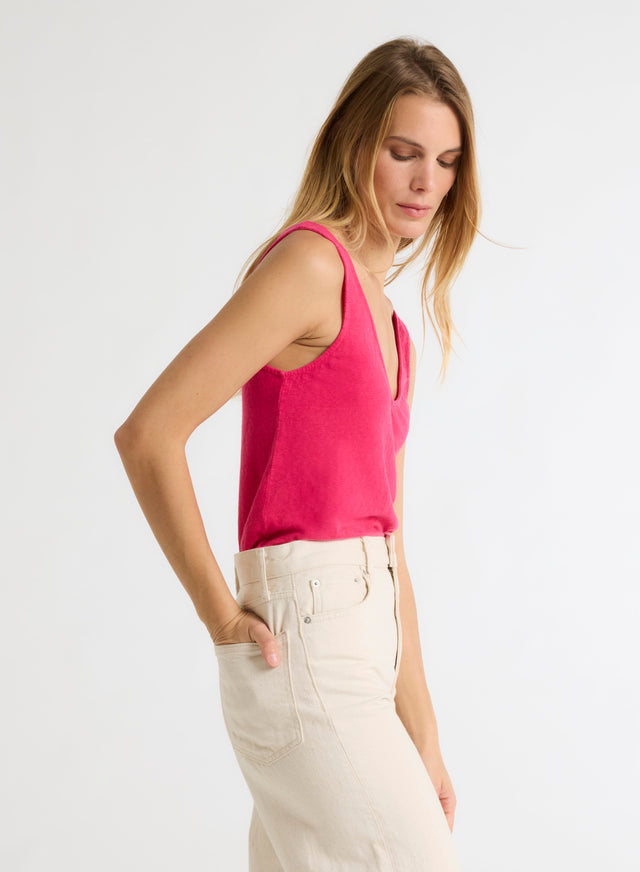 Majestic Filatures Débardeur Rose Col V En Lin / Elasthanne Lin / Elasthanne