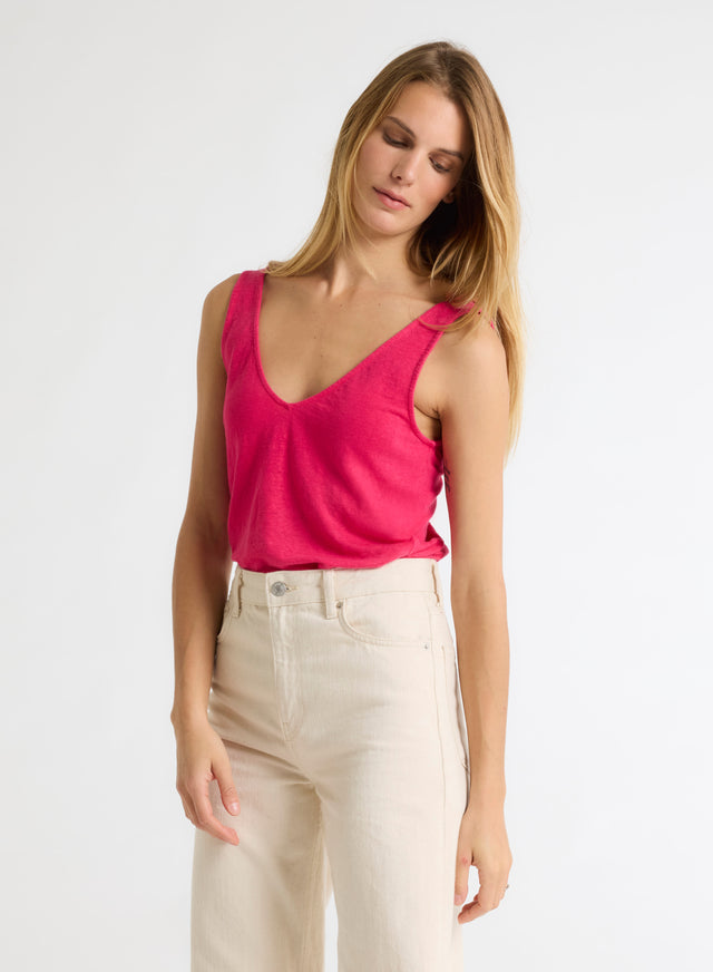Majestic Filatures Débardeur Rose Col V En Lin / Elasthanne Lin / Elasthanne