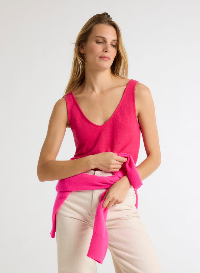 majestic filatures Débardeur Rose Col V en Lin / Elasthanne Lin / Elasthanne