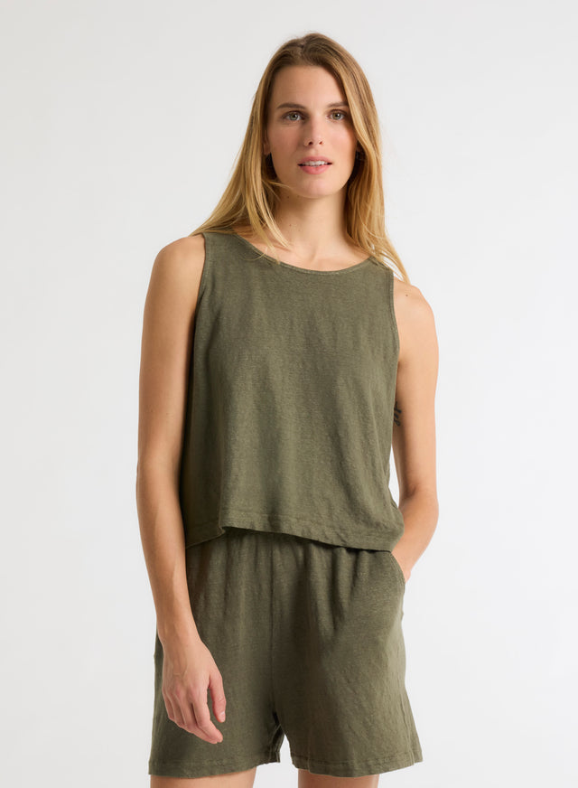 Majestic Filatures Débardeur Vert Col Rond En Lin / Elasthanne Lin / Elasthanne