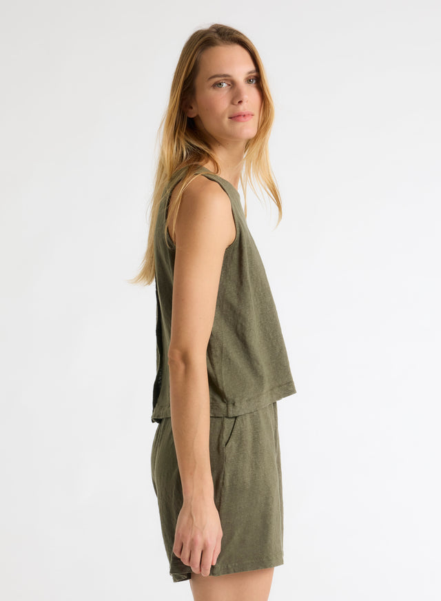 Majestic Filatures Débardeur Vert Col Rond En Lin / Elasthanne Lin / Elasthanne