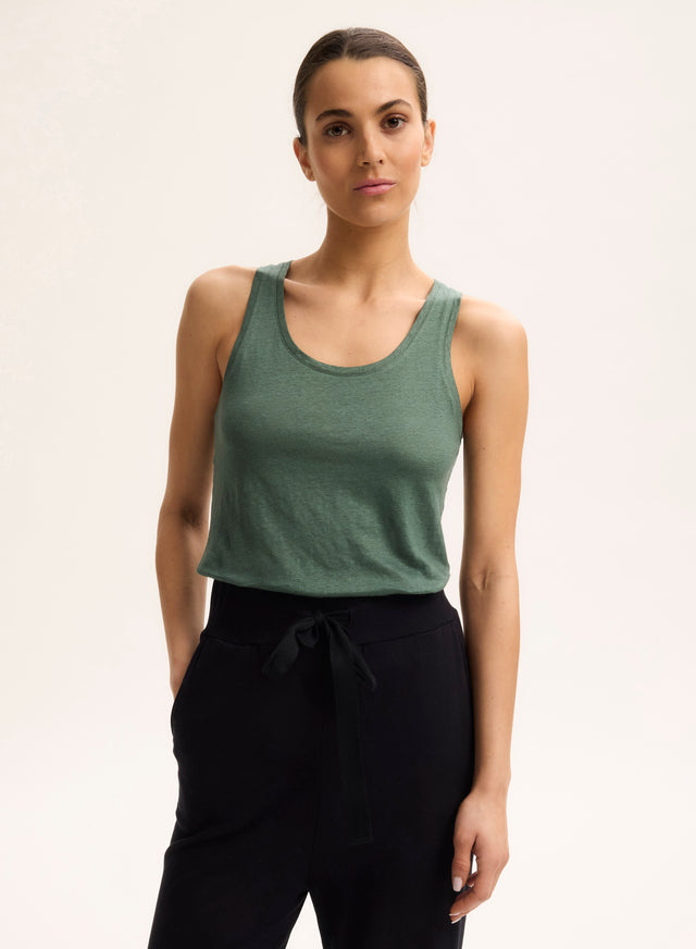 Majestic Filatures Débardeur Vert Col U En Lin / Elasthanne Lin / Elasthanne
